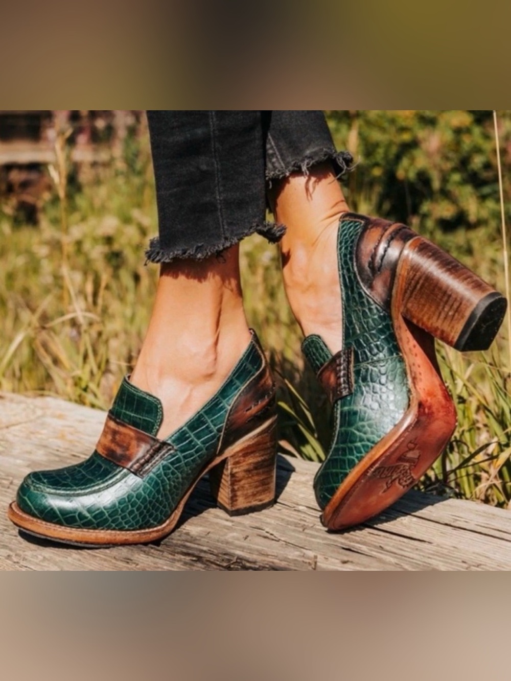Freebird Bellevue Green Croc Embossed Leather Heels Size 7 New